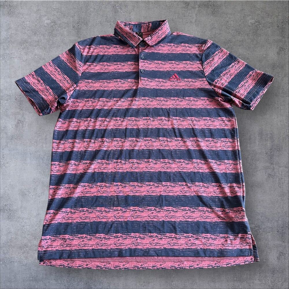 Adidas Mens L Blue Pink Striped Collar Performance Lightweight Polo Golf Shirt